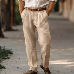 Men's Linen Pants Trousers Summer Pants Pleated Pants Dress Slacks Front Pocket Straight Leg Plain Comfort Breathable Full Length Casual Daily Holiday Fashion Basic Black White