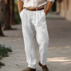 Men's Linen Pants Trousers Summer Pants Pleated Pants Dress Slacks Front Pocket Straight Leg Plain Comfort Breathable Full Length Casual Daily Holiday Fashion Basic Black White