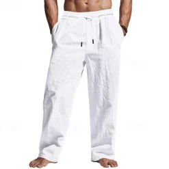 Men's Linen Pants Trousers Summer Pants Beach Pants Pocket Drawstring Elastic Waist Plain Comfort Breathable Vacation Daily Holiday Hawaiian Boho Black White