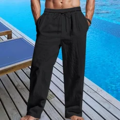 Men's Linen Pants Trousers Summer Pants Beach Pants Pocket Drawstring Elastic Waist Plain Comfort Breathable Vacation Daily Holiday Hawaiian Boho Black White