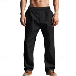 Men's Linen Pants Trousers Summer Pants Beach Pants Pocket Drawstring Elastic Waist Plain Comfort Breathable Vacation Daily Holiday Hawaiian Boho Black White