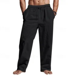 Men's Linen Pants Trousers Summer Pants Beach Pants Pocket Drawstring Elastic Waist Plain Comfort Breathable Vacation Daily Holiday Hawaiian Boho Black White