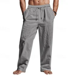 Men's Linen Pants Trousers Summer Pants Beach Pants Pocket Drawstring Elastic Waist Plain Comfort Breathable Vacation Daily Holiday Hawaiian Boho Black White