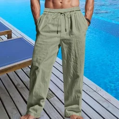 Men's Linen Pants Trousers Summer Pants Beach Pants Pocket Drawstring Elastic Waist Plain Comfort Breathable Vacation Daily Holiday Hawaiian Boho Black White