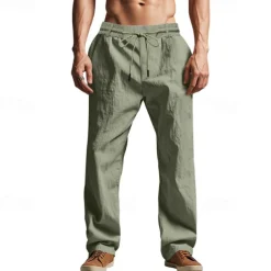 Men's Linen Pants Trousers Summer Pants Beach Pants Pocket Drawstring Elastic Waist Plain Comfort Breathable Vacation Daily Holiday Hawaiian Boho Black White