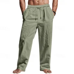 Men's Linen Pants Trousers Summer Pants Beach Pants Pocket Drawstring Elastic Waist Plain Comfort Breathable Vacation Daily Holiday Hawaiian Boho Black White