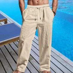 Men's Linen Pants Trousers Summer Pants Beach Pants Pocket Drawstring Elastic Waist Plain Comfort Breathable Vacation Daily Holiday Hawaiian Boho Black White