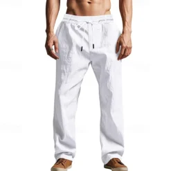 Men's Linen Pants Trousers Summer Pants Beach Pants Pocket Drawstring Elastic Waist Plain Comfort Breathable Vacation Daily Holiday Hawaiian Boho Black White