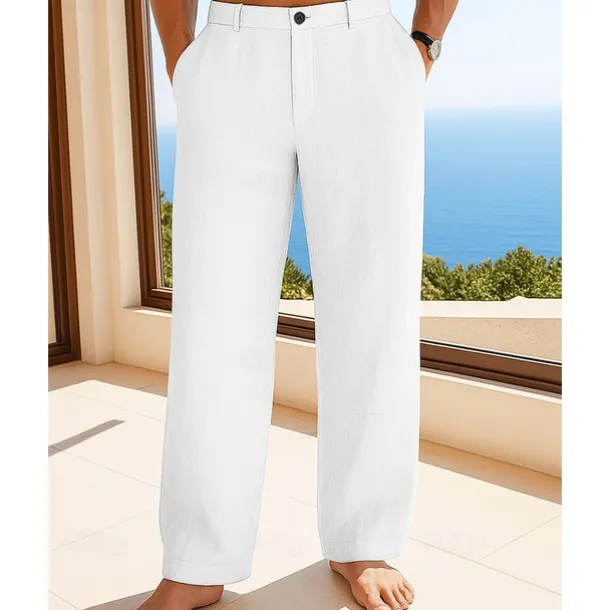 Men's Linen Pants Trousers Summer Pants Beach Pants Buttons Pocket Plain Comfort Breathable Vacation Daily Holiday Hawaiian Boho Black White