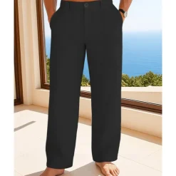Men's Linen Pants Trousers Summer Pants Beach Pants Buttons Pocket Plain Comfort Breathable Vacation Daily Holiday Hawaiian Boho Black White