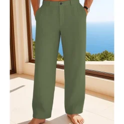 Men's Linen Pants Trousers Summer Pants Beach Pants Buttons Pocket Plain Comfort Breathable Vacation Daily Holiday Hawaiian Boho Black White