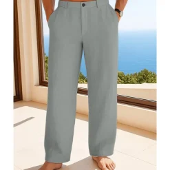 Men's Linen Pants Trousers Summer Pants Beach Pants Buttons Pocket Plain Comfort Breathable Vacation Daily Holiday Hawaiian Boho Black White