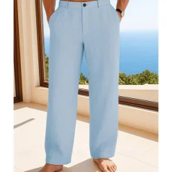 Men's Linen Pants Trousers Summer Pants Beach Pants Buttons Pocket Plain Comfort Breathable Vacation Daily Holiday Hawaiian Boho Black White