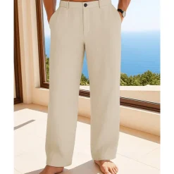 Men's Linen Pants Trousers Summer Pants Beach Pants Buttons Pocket Plain Comfort Breathable Vacation Daily Holiday Hawaiian Boho Black White