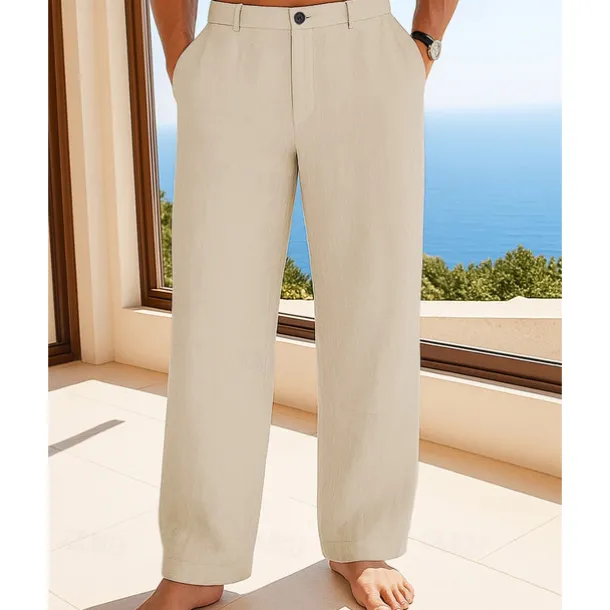 Men's Linen Pants Trousers Summer Pants Beach Pants Buttons Pocket Plain Comfort Breathable Vacation Daily Holiday Hawaiian Boho Black White
