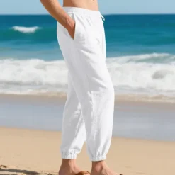 Men's Linen Pants Trousers Summer Pants Beach Pants Pocket Drawstring Elastic Waist Plain Comfort Breathable Vacation Daily Holiday Hawaiian Boho Black White