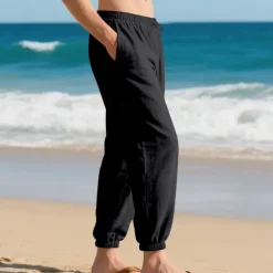 Men's Linen Pants Trousers Summer Pants Beach Pants Pocket Drawstring Elastic Waist Plain Comfort Breathable Vacation Daily Holiday Hawaiian Boho Black White