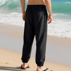 Men's Linen Pants Trousers Summer Pants Beach Pants Pocket Drawstring Elastic Waist Plain Comfort Breathable Vacation Daily Holiday Hawaiian Boho Black White
