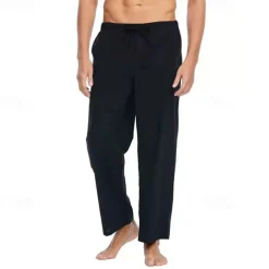 Men's Linen Pants Trousers Summer Pants Beach Pants Pocket Drawstring Elastic Waist Plain Comfort Breathable Daily Holiday Vacation Hawaiian Boho Black White