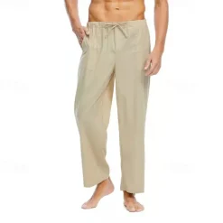Men's Linen Pants Trousers Summer Pants Beach Pants Pocket Drawstring Elastic Waist Plain Comfort Breathable Daily Holiday Vacation Hawaiian Boho Black White