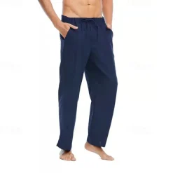 Men's Linen Pants Trousers Summer Pants Beach Pants Pocket Drawstring Elastic Waist Plain Comfort Breathable Daily Holiday Vacation Hawaiian Boho Black White