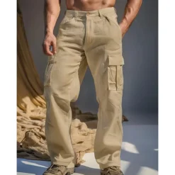 Men's Linen Pants Trousers Summer Pants Multi Pocket Straight Leg Plain Comfort Breathable Full Length Outdoor Casual Daily Fashion Streetwear Black White