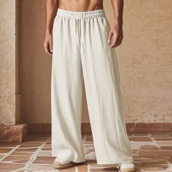Men's Linen Pants Trousers Summer Pants Beach Pants Pocket Drawstring Elastic Waist Plain Comfort Breathable Vacation Daily Holiday Hawaiian Boho Black Navy Blue