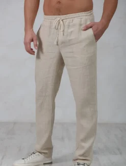 Men's Linen Pants Trousers Summer Pants Beach Pants Drawstring Elastic Waist Straight Leg Plain Comfort Outdoor Casual Daily Streetwear Stylish Navy Blue Green