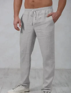 Men's Linen Pants Trousers Summer Pants Beach Pants Drawstring Elastic Waist Straight Leg Plain Comfort Outdoor Casual Daily Streetwear Stylish Navy Blue Green