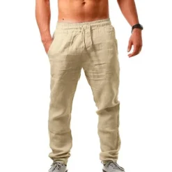 Men's Linen Pants Trousers Summer Pants Beach Pants Drawstring Plain Comfort Breathable Full Length Yoga Casual Weekend Streetwear Slim Black White Micro-elastic