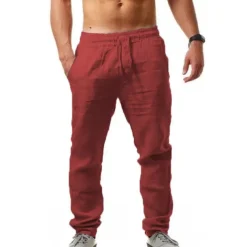 Men's Linen Pants Trousers Summer Pants Beach Pants Drawstring Plain Comfort Breathable Full Length Yoga Casual Weekend Streetwear Slim Black White Micro-elastic
