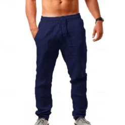 Men's Linen Pants Trousers Summer Pants Beach Pants Drawstring Plain Comfort Breathable Full Length Yoga Casual Weekend Streetwear Slim Black White Micro-elastic