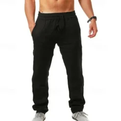 Men's Linen Pants Trousers Summer Pants Beach Pants Drawstring Plain Comfort Breathable Full Length Yoga Casual Weekend Streetwear Slim Black White Micro-elastic