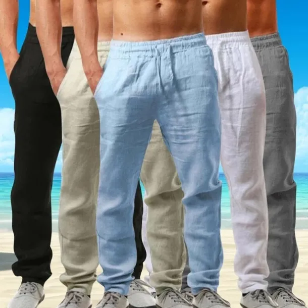 Men's Linen Pants Trousers Summer Pants Beach Pants Drawstring Plain Comfort Breathable Full Length Yoga Casual Weekend Streetwear Slim Black White Micro-elastic