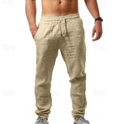 Men's Linen Pants Trousers Summer Pants Beach Pants Drawstring Plain Comfort Breathable Full Length Yoga Casual Weekend Streetwear Slim Black White Micro-elastic