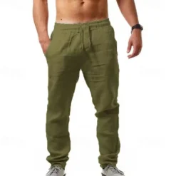 Men's Linen Pants Trousers Summer Pants Beach Pants Drawstring Plain Comfort Breathable Full Length Yoga Casual Weekend Streetwear Slim Black White Micro-elastic