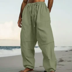 Men's Linen Pants Trousers Summer Pants Beach Pants Drawstring Elastic Waist Pleats Plain Comfort Breathable Casual Daily Holiday Fashion Classic Style Black White
