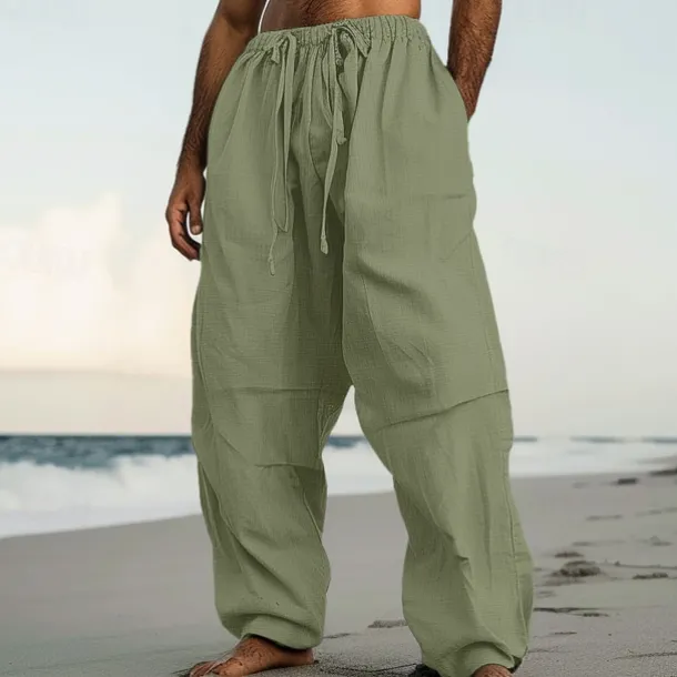 Men's Linen Pants Trousers Summer Pants Beach Pants Drawstring Elastic Waist Pleats Plain Comfort Breathable Casual Daily Holiday Fashion Classic Style Black White