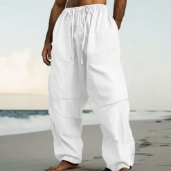 Men's Linen Pants Trousers Summer Pants Beach Pants Drawstring Elastic Waist Pleats Plain Comfort Breathable Casual Daily Holiday Fashion Classic Style Black White