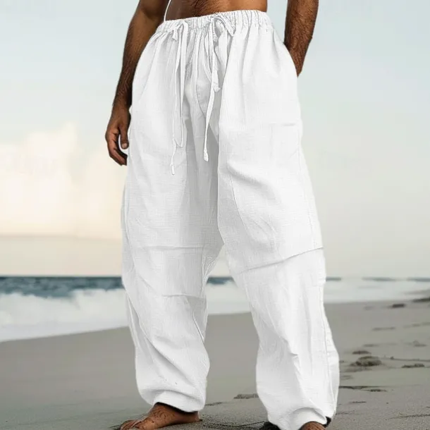 Men's Linen Pants Trousers Summer Pants Beach Pants Drawstring Elastic Waist Pleats Plain Comfort Breathable Casual Daily Holiday Fashion Classic Style Black White