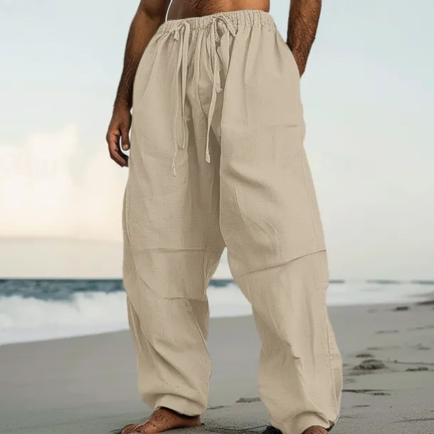 Men's Linen Pants Trousers Summer Pants Beach Pants Drawstring Elastic Waist Pleats Plain Comfort Breathable Casual Daily Holiday Fashion Classic Style Black White