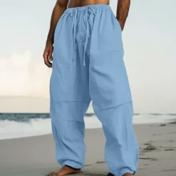Men's Linen Pants Trousers Summer Pants Beach Pants Drawstring Elastic Waist Pleats Plain Comfort Breathable Casual Daily Holiday Fashion Classic Style Black White