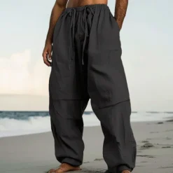 Men's Linen Pants Trousers Summer Pants Beach Pants Drawstring Elastic Waist Pleats Plain Comfort Breathable Casual Daily Holiday Fashion Classic Style Black White