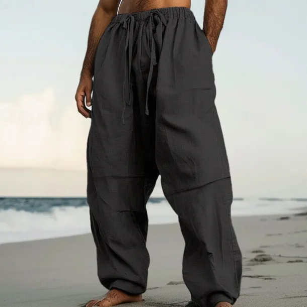 Men's Linen Pants Trousers Summer Pants Beach Pants Drawstring Elastic Waist Pleats Plain Comfort Breathable Casual Daily Holiday Fashion Classic Style Black White