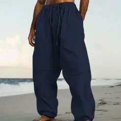 Men's Linen Pants Trousers Summer Pants Beach Pants Drawstring Elastic Waist Pleats Plain Comfort Breathable Casual Daily Holiday Fashion Classic Style Black White