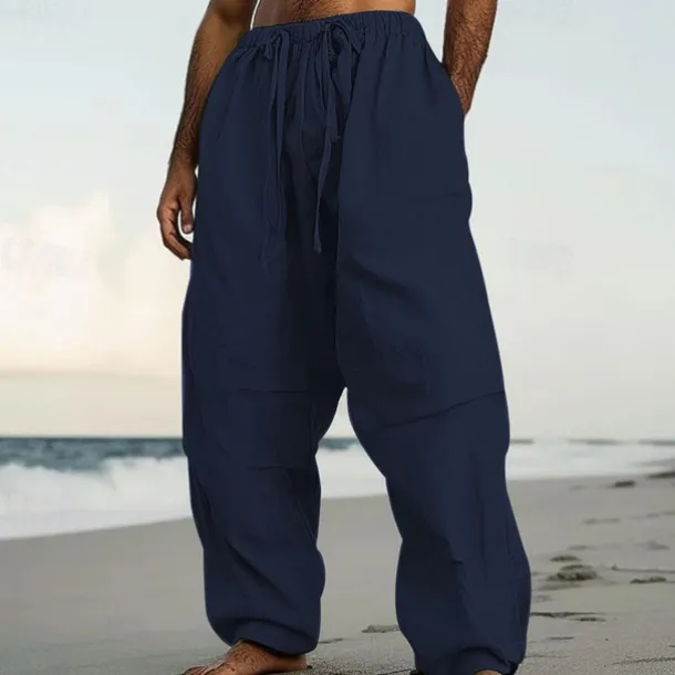 Men's Linen Pants Trousers Summer Pants Beach Pants Drawstring Elastic Waist Pleats Plain Comfort Breathable Casual Daily Holiday Fashion Classic Style Black White