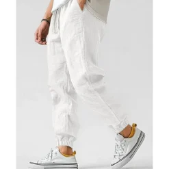 Men's Linen Pants Trousers Summer Pants Elastic Waist Straight Leg High Rise Solid Color Comfort Breathable Full Length Wedding Holiday Vacation Fashion Gray Green Black High Waist Inelastic