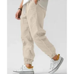 Men's Linen Pants Trousers Summer Pants Elastic Waist Straight Leg High Rise Solid Color Comfort Breathable Full Length Wedding Holiday Vacation Fashion Gray Green Black High Waist Inelastic