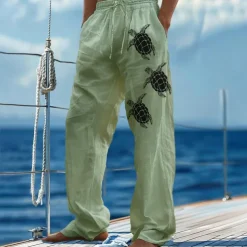 Men's Linen Pants Trousers Summer Pants Beach Pants Drawstring Elastic Waist Print Graphic Comfort Daily Vacation Beach 20% Linen Vacation Fashion Blue Green