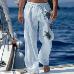 Men's Linen Pants Trousers Summer Pants Beach Pants Drawstring Elastic Waist Print Graphic Comfort Daily Vacation Beach 20% Linen Vacation Fashion Blue Green